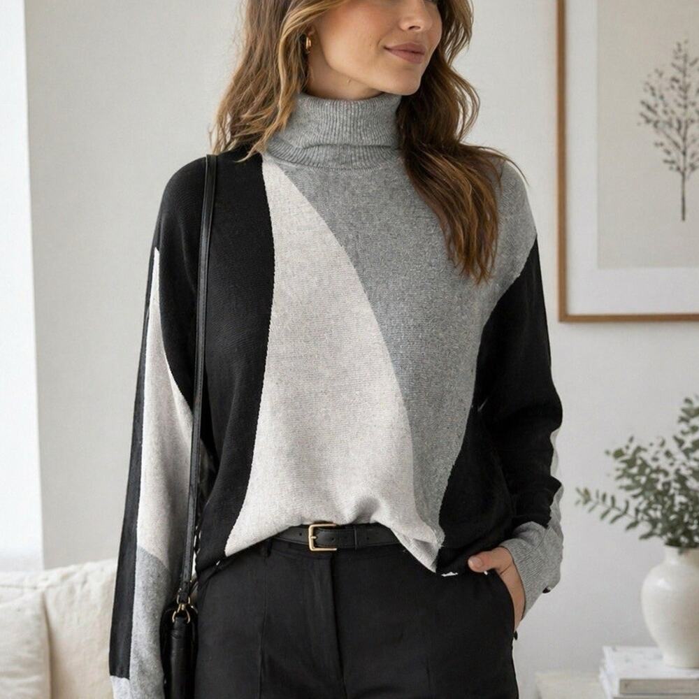 Aada Colorblock Turtleneck Sweater M Soft Charcoal Minimalist Quiet Luxury Knit